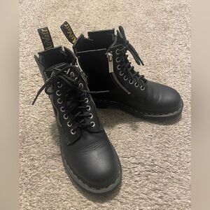 Dr. Martens Black Leather Combat Boots with Yellow Stitching